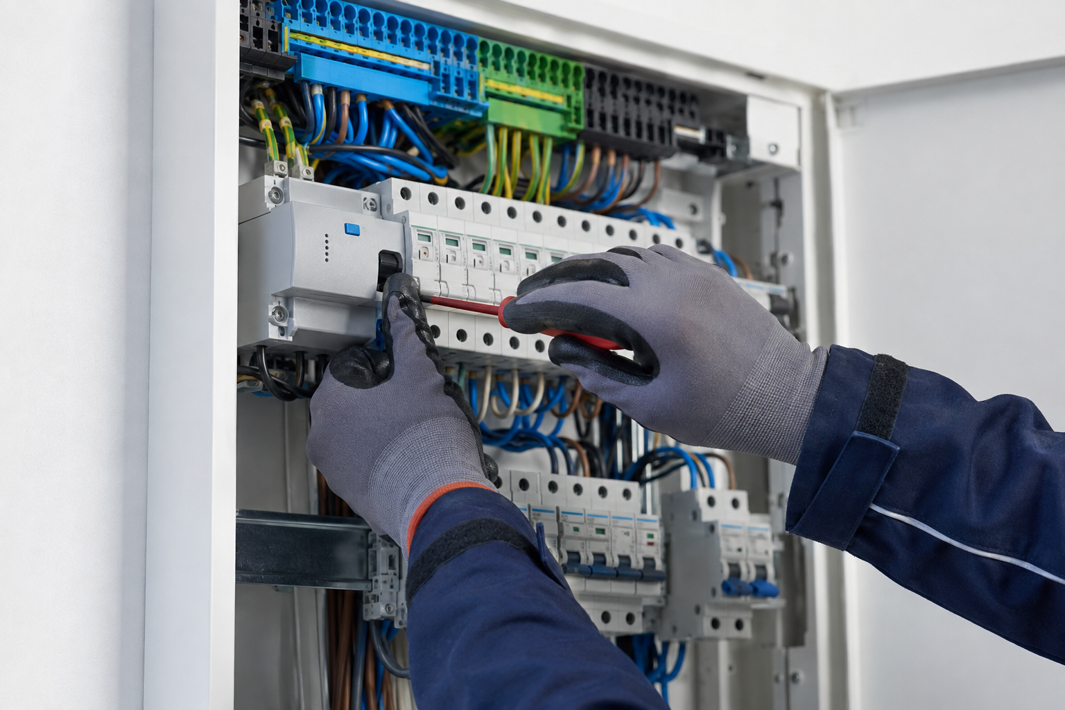 Elektricien werkt vakkundig aan de bedrading in een moderne meterkast