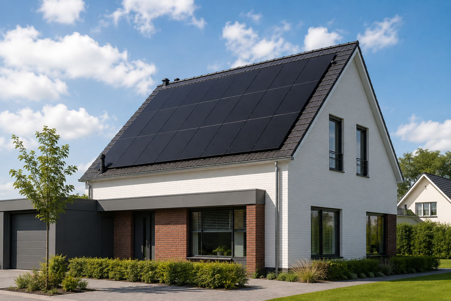 Duurzame gezinswoning met zwarte zonnepanelen op het dak