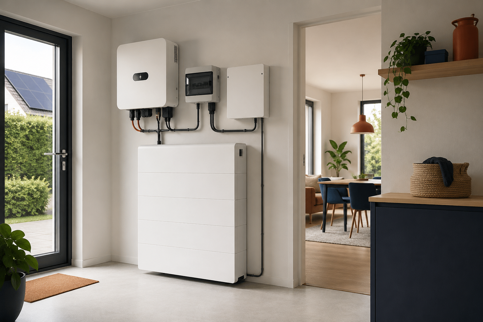 Moderne thuisbatterij aan de wand in een strak interieur