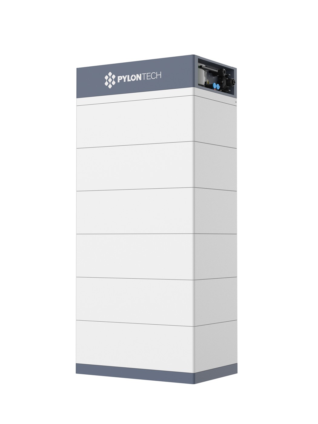 Pylontech Force H3X gestapelde batterijmodules met regelunit, schuin aanzicht