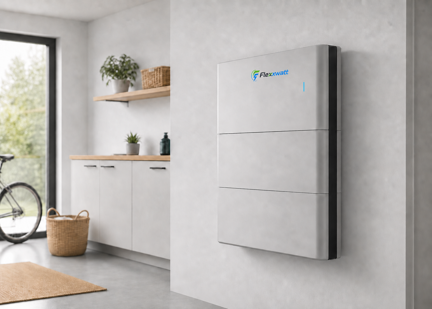 Flexxwatt thuisbatterij aan een wand in een moderne woonruimte