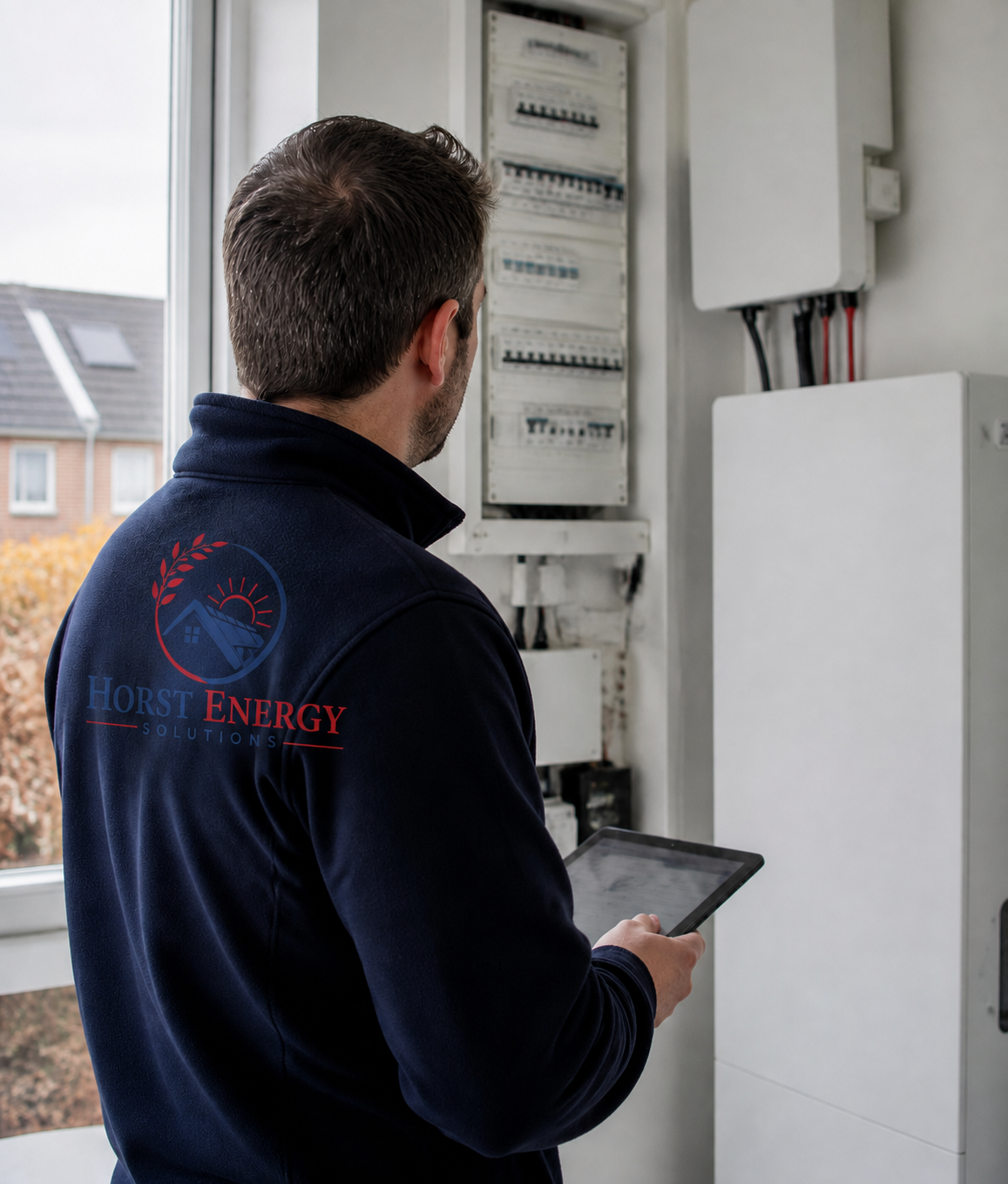 Monteur van Horst Energy Solutions controleert een thuisbatterij- en EMS-installatie met een tablet