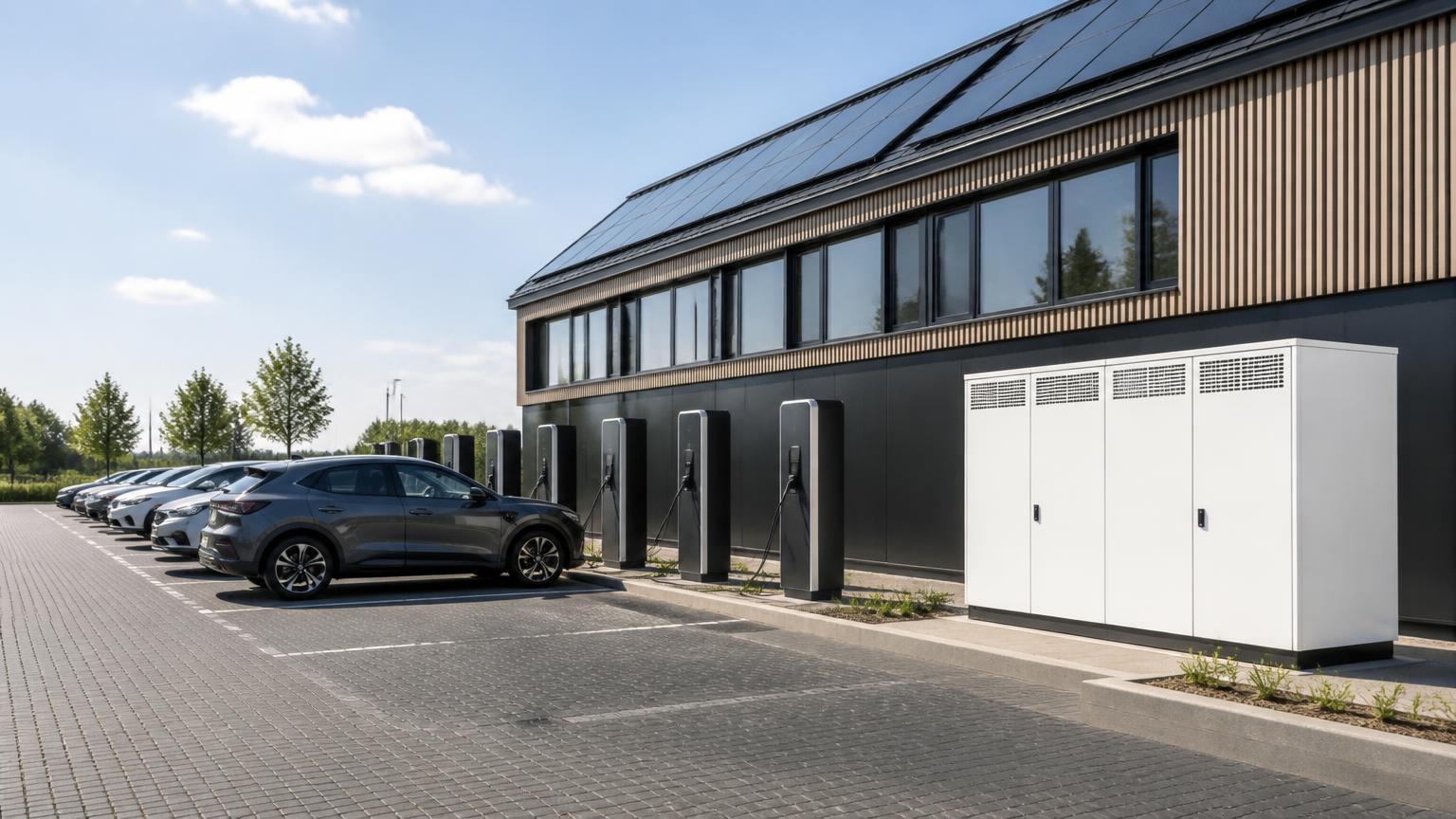 Zakelijke laadpunten met zonnepanelen en batterijopslag bij een bedrijfspand