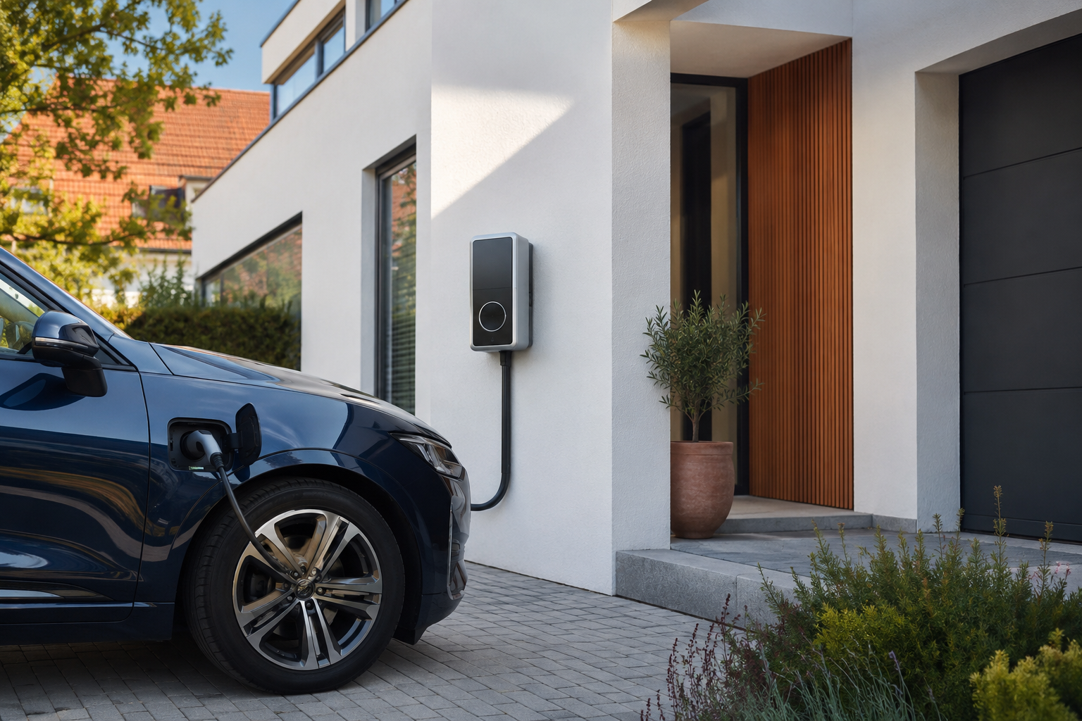 Elektrische auto laadt aan een wandlaadpunt bij een woning
