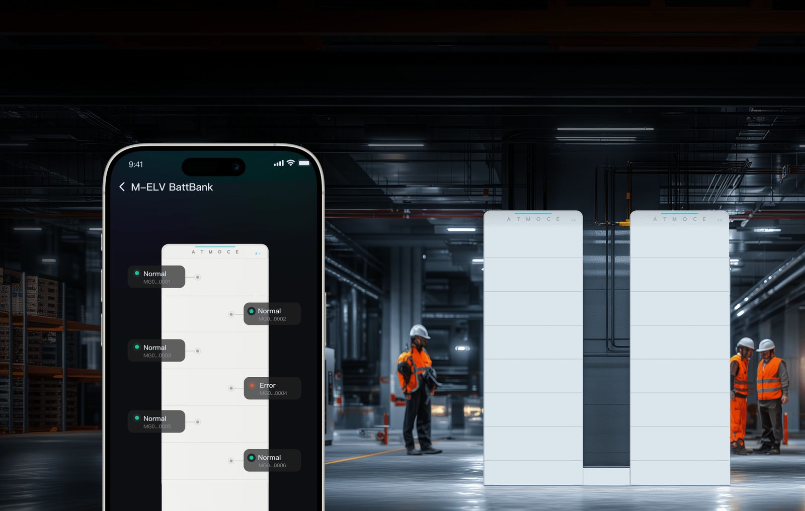 Monitoring the ATMOCE M-ELV BattBank in the app next to a commercial battery installation