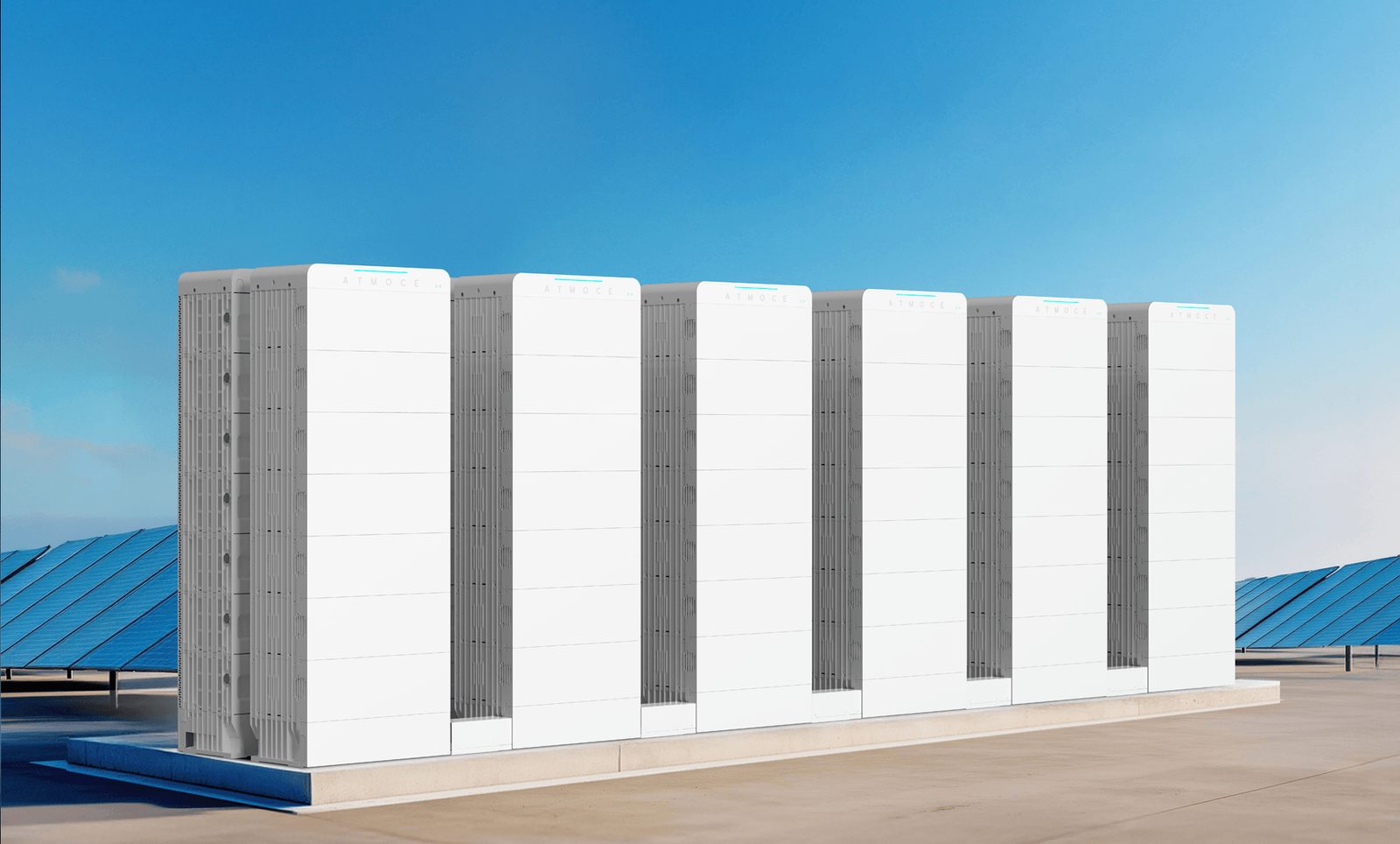 ATMOCE M-ELV BattBank C&I battery array with multiple stacked packs at a commercial building